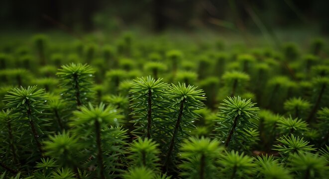 Close-up Photography of Lush Green Clubmoss (Lycopodium) with Raindrops, Showcasing Nature's Beauty and Wetland Ecosystems