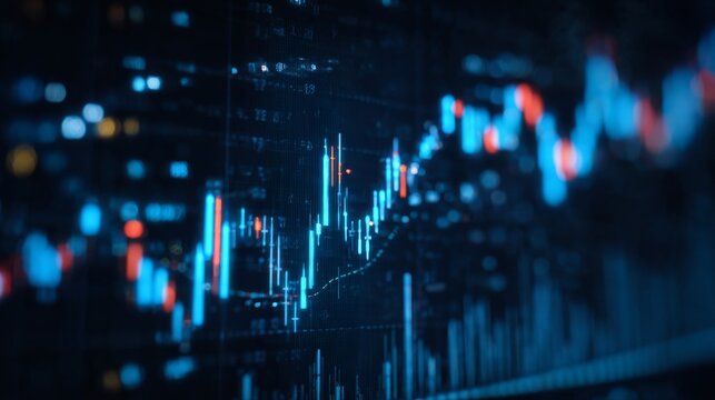 Blurry digital stock market charts with financial forex data and fintech trading graph on dark blue background, concept of global finance, investment analysis, and economic technology trends