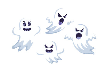 Cute ghost group, floating spirits, friendly faces, soft motion lines, simple Halloween clipart, vector illustration, kid friendly design