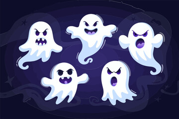 Obraz premium Friendly ghost squad, seven floating spirits, deep purple background, cute Halloween vector, character pack