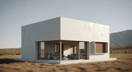 Minimalist cube house in arid landscape evoking peaceful architectural design