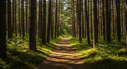 Obraz premium Serene Forest Path Lined with Tall Pine Trees, Sunlight Filtering Through the Canopy, Nature, Tranquility, Peaceful Forest Walkway, Nature Photography