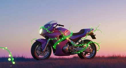 Obraz premium Futuristic motorcycle intertwined with glowing energy streams, set against a serene twilight backdrop, blends technological marvel with a touch of natural enchantment, creating a visually striking