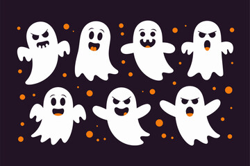 Happy ghost lineup, six floating spirits, twinkle stars, deep purple background, cute Halloween vector, cartoon clipart, kid friendly spooky design