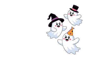 Cute ghost group, witch hats and top hats, white background, friendly faces, Halloween vector, cartoon clipart, family friendly spooky design