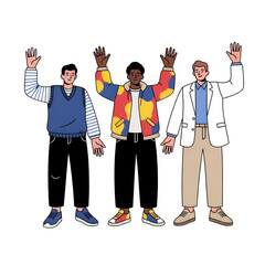 Diverse Group of Smiling Men Waving Hello Welcoming Customers and Teamwork Illustration