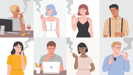 Illustration of diverse individuals smoking cigarettes, cigars, and pipes in casual and formal settings, symbolizing lifestyle and social habits