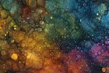 Abstract cosmic artwork with swirling colors and bubble textures