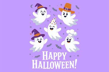 Happy Halloween text, cute ghost group, light purple background, stars and sparkles, friendly spirits, festive vector, cartoon clipart