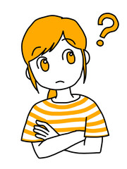 腕組みして考える女性（オレンジ）