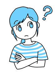 腕組みして考える女性（青）