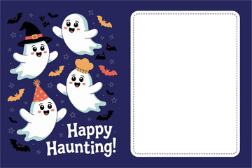 Happy haunting frame, cute ghosts and icons, space for photo or message, navy background, Halloween vector, playful illustration