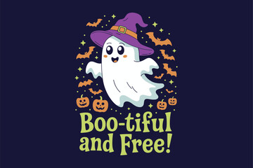 Boo tiful and free, witch hat ghost, dark background, golden stars, friendly Halloween vector, cute poster design, cartoon clipart