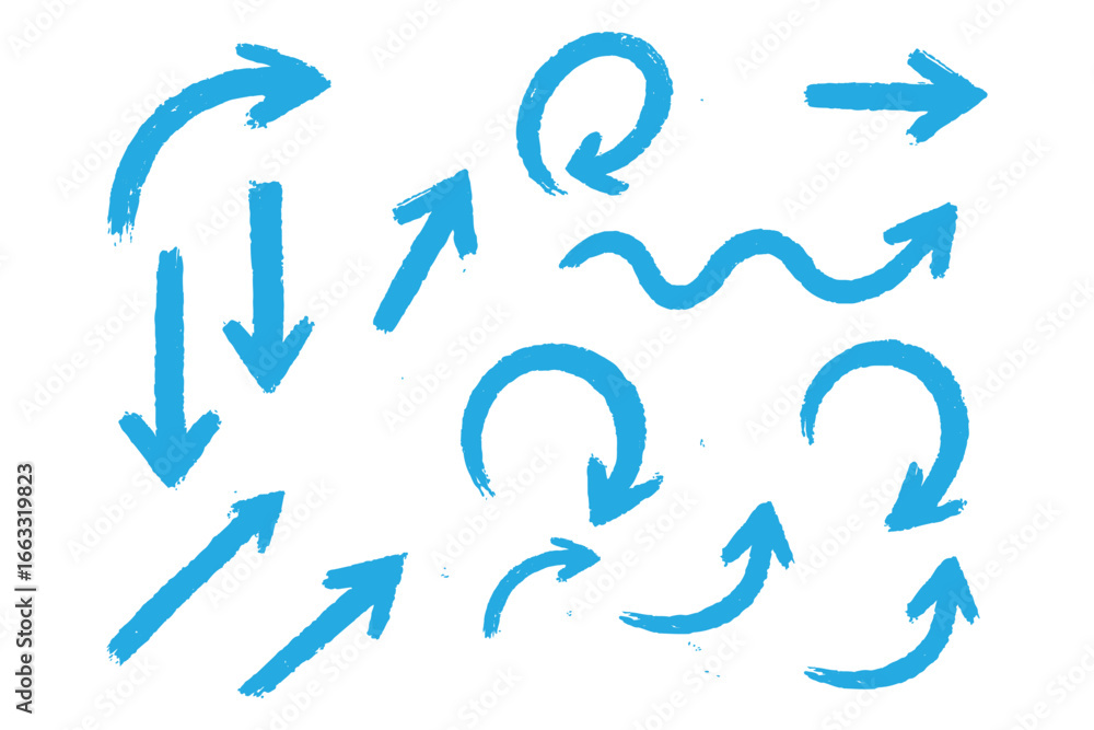 Poster arrow vector line icon set. hand drawn brush sketch arrow line curve up, down shape chalk texture el
