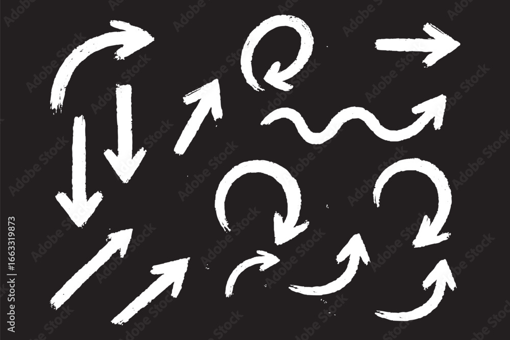 Poster arrow vector line icon set. hand drawn brush sketch arrow line curve up, down shape chalk texture el