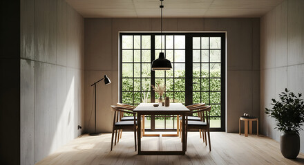 Serene dining room showcasing natural light, textures, and minimalist design