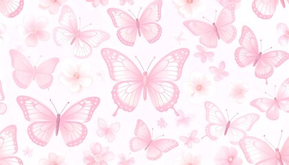 Delicate pink butterflies and flowers on a white background. A soft, pastel design