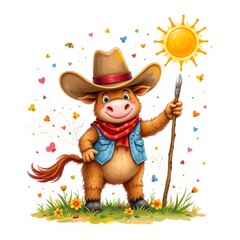 Obraz premium a playful cowboy painting a picture, drawn in a playful watercolor splash style on a clean white backdrop.