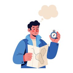 Direction Quest: A thoughtfully illustrated individual maps a voyage, with a handheld compass and an imaginative thought bubble, signaling the spirit of exploration and direction.
