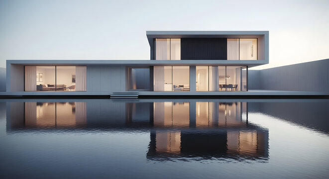 Contemporary dwelling reflection serene water modern design sophistication