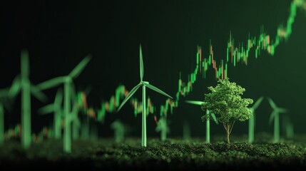 Global rise in electricity prices with renewable energy growth and sustainable investment trends, financial stock market chart showing green energy development and exchange business graph for economic