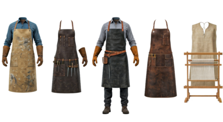 Collection of Various Craft Aprons Displayed on Transparent Background