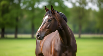 Obraz premium Portrait of a magnificent chestnut horse on a summer meadow farm setting