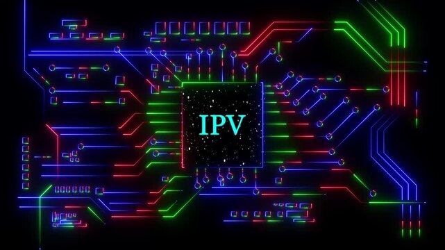 Futuristic glowing microchip with 'IPV' text, embedded in a vibrant, colorful printed circuit board, symbolizing advanced technology.