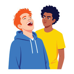 Laughter and Disapproval:  A vibrant illustration captures a moment of contrasting expressions, as one individual bursts into unrestrained laughter while another offers a look of skepticism. 