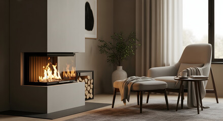 Serene interior featuring a modern fireplace, comfortable armchair and soft