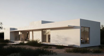 Contemporary architectural design showcasing a minimalist white villa on a dune