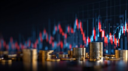 Blurry digital stock market chart with global financial data, investment trading graph, and economic growth analysis on dark blue background