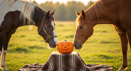 Autumnal equine encounter, two horses curiously inspect a festive