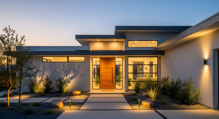 Contemporary home facade with illuminated pathway and sleek architectural design