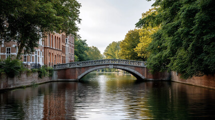 Fototapeta premium Aredbrickbridgeoveracanallightedbysoftillumination