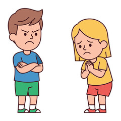 Conflict and Reconciliation: A poignant illustration of a child confrontation, one expressing anger and the other, regret, representing a spectrum of human emotion.