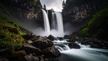 Majestic twin waterfalls cascading down rocky cliffs