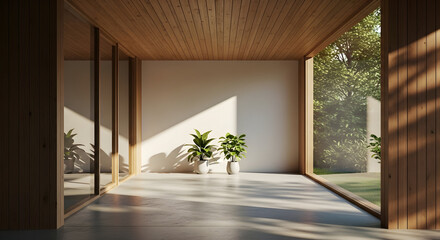 Sunlit minimalist interior showcasing wood, glass, and plants for refined living