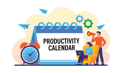 Illustration of people with productivity calendar, alarm clock, gears, and megaphone, symbolizing planning, motivation, and time management