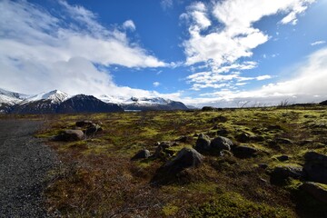 Scenic landscape of a mossy field and gravel road leading to snow-covered mountains in Iceland.

