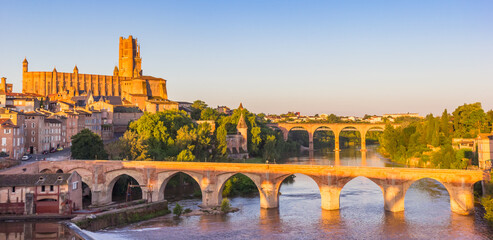 Panorama of the historic cathedral and Tarn river in Albi, France