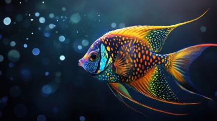 Fototapeta premium Vibrant portrayal of a multicolored angelfish in a dark underwater setting full of life