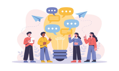 Illustration of diverse group around large light bulb with speech bubbles and paper planes, symbolizing brainstorming and creative collaboration