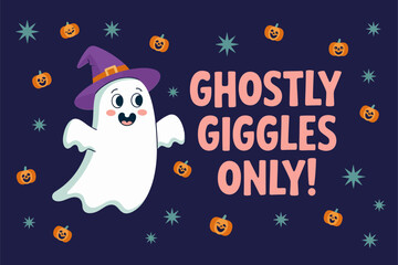 Ghostly giggles only poster, witch hat ghost, pumpkins and stars, purple Halloween vector illustration