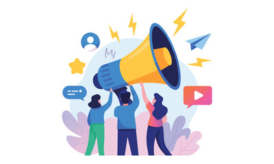 Illustration of people holding megaphone with icons and lightning bolts, symbolizing digital marketing, communication power, and social media reach