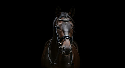Elegantly poised horse with bridle captured in dramatic dark studio setting