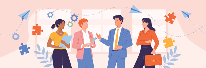 Illustration of four professionals in discussion with gears, paper planes, and puzzle icons, symbolizing teamwork, problem-solving, and innovation