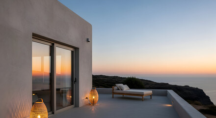 Serene terrace overlooking sunset ocean vista with minimalist architectural