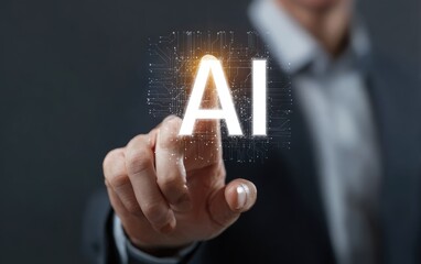 Naklejka premium A person interacts with a glowing AI interface