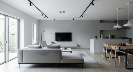 Contemporary open-concept living space with natural light and minimalist decor